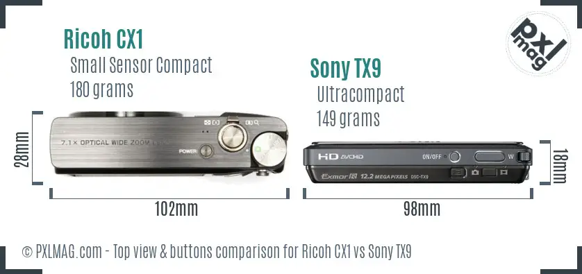 Ricoh CX1 vs Sony TX9 top view buttons comparison