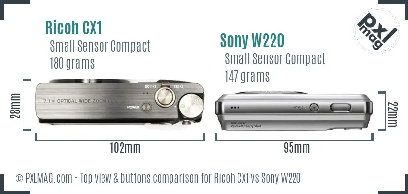 Ricoh CX1 vs Sony W220 top view buttons comparison