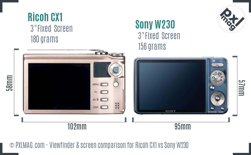 Ricoh CX1 vs Sony W230 Screen and Viewfinder comparison