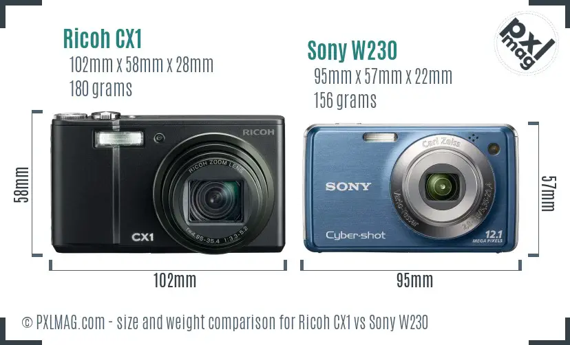 Ricoh CX1 vs Sony W230 size comparison