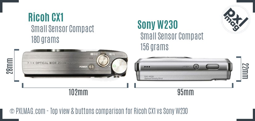 Ricoh CX1 vs Sony W230 top view buttons comparison