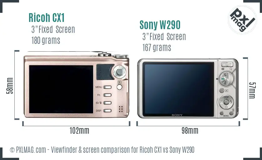 Ricoh CX1 vs Sony W290 Screen and Viewfinder comparison