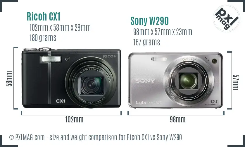 Ricoh CX1 vs Sony W290 size comparison