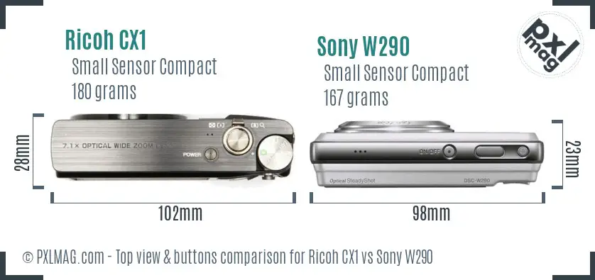 Ricoh CX1 vs Sony W290 top view buttons comparison