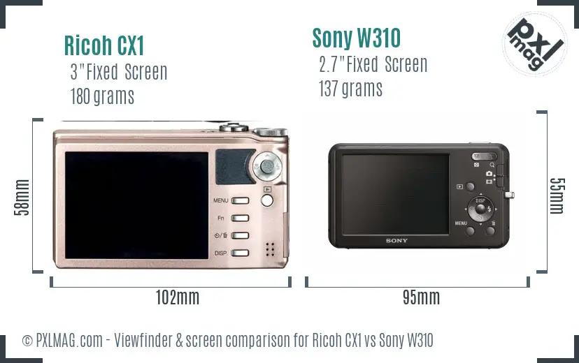 Ricoh CX1 vs Sony W310 Screen and Viewfinder comparison