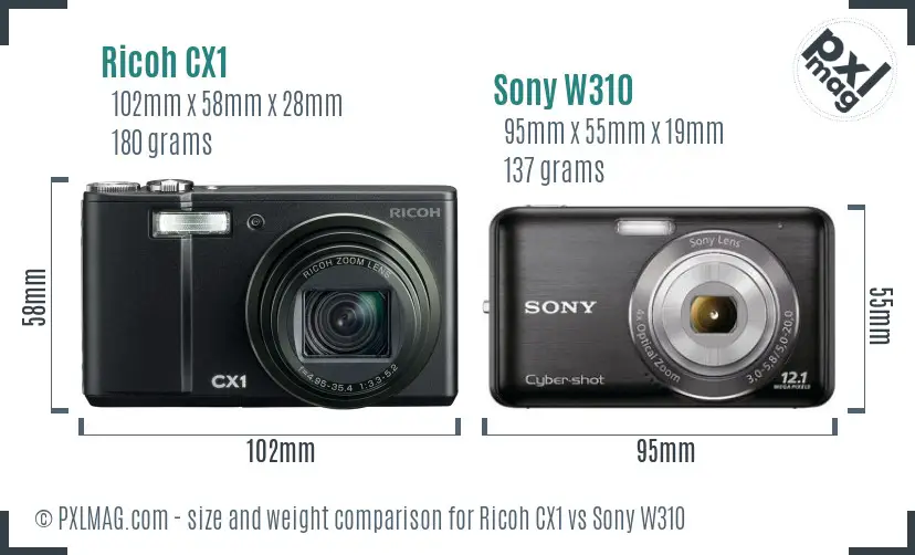 Ricoh CX1 vs Sony W310 size comparison