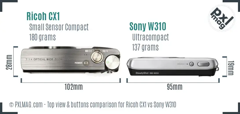 Ricoh CX1 vs Sony W310 top view buttons comparison