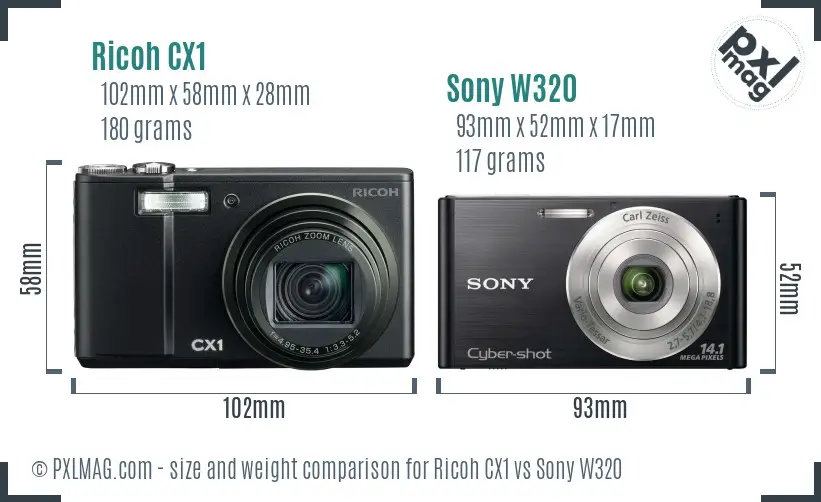 Ricoh CX1 vs Sony W320 size comparison