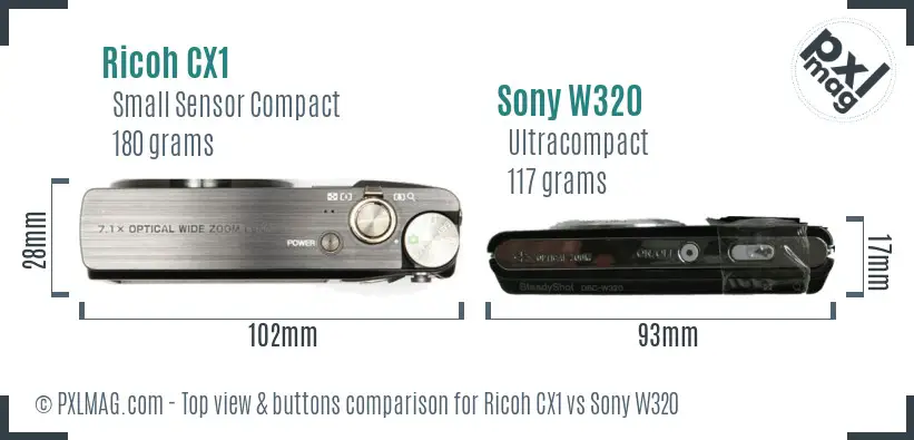 Ricoh CX1 vs Sony W320 top view buttons comparison
