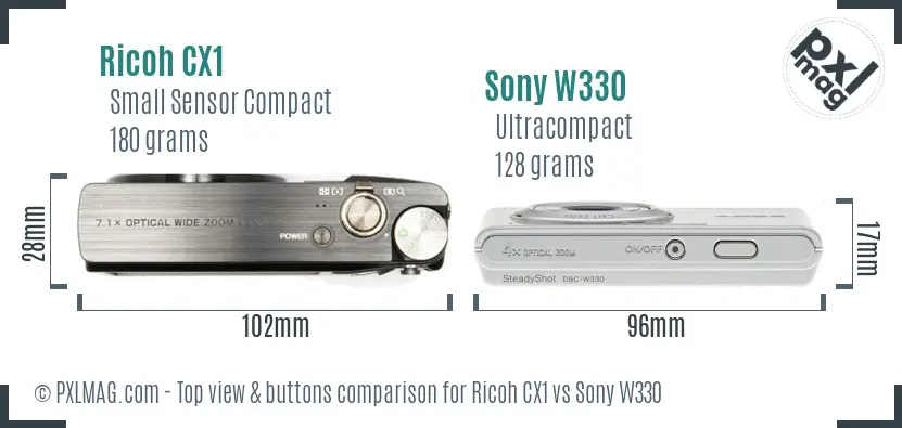 Ricoh CX1 vs Sony W330 top view buttons comparison