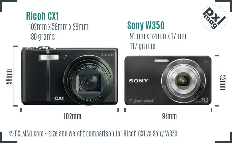 Ricoh CX1 vs Sony W350 size comparison