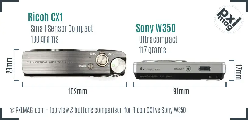 Ricoh CX1 vs Sony W350 top view buttons comparison