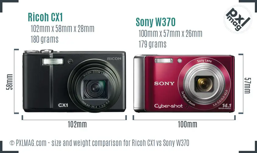 Ricoh CX1 vs Sony W370 size comparison