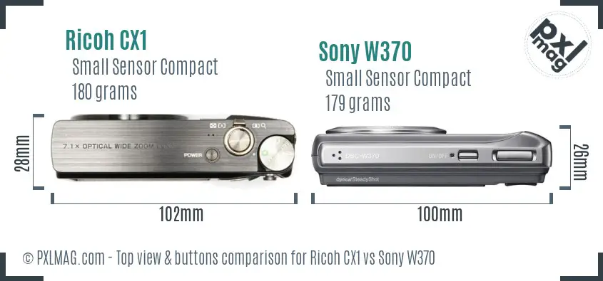Ricoh CX1 vs Sony W370 top view buttons comparison
