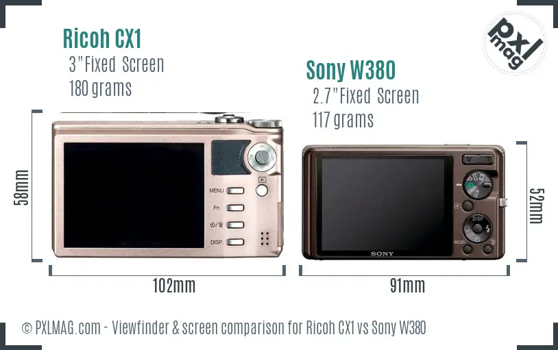 Ricoh CX1 vs Sony W380 Screen and Viewfinder comparison