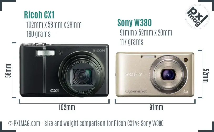 Ricoh CX1 vs Sony W380 size comparison