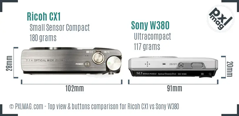 Ricoh CX1 vs Sony W380 top view buttons comparison