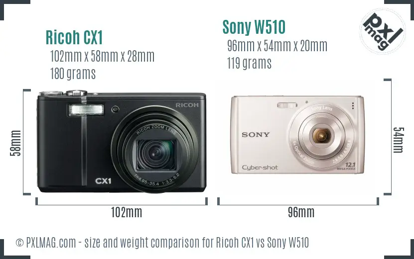 Ricoh CX1 vs Sony W510 size comparison
