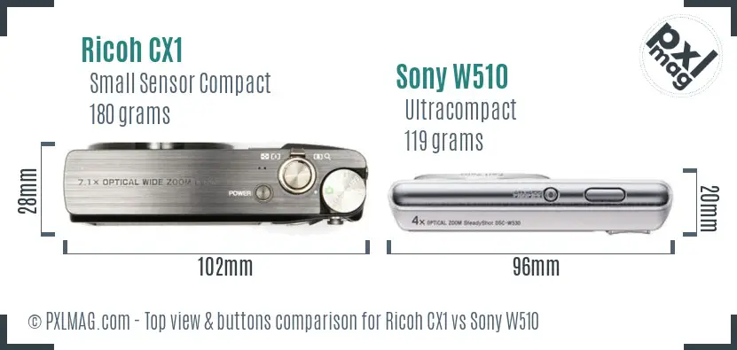 Ricoh CX1 vs Sony W510 top view buttons comparison