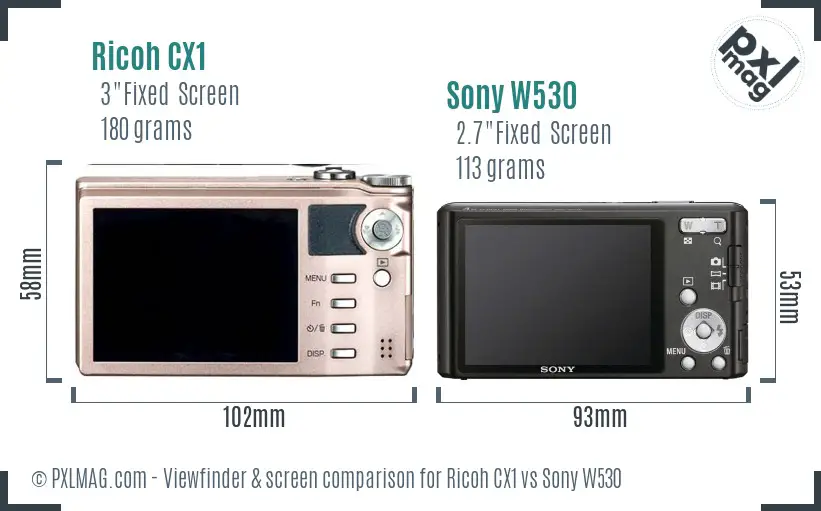 Ricoh CX1 vs Sony W530 Screen and Viewfinder comparison