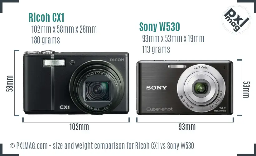 Ricoh CX1 vs Sony W530 size comparison