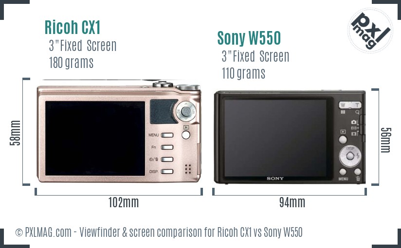 Ricoh CX1 vs Sony W550 Screen and Viewfinder comparison