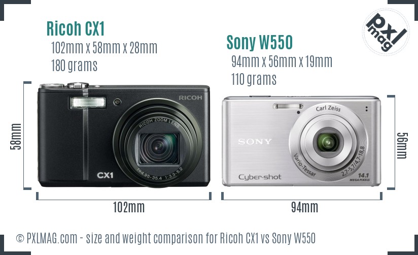 Ricoh CX1 vs Sony W550 size comparison