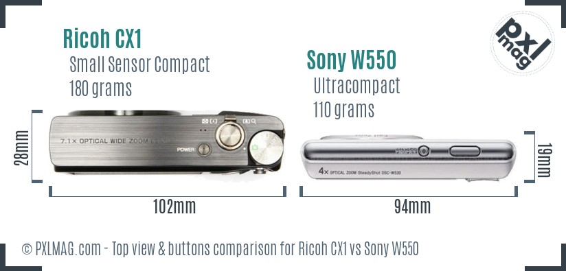 Ricoh CX1 vs Sony W550 top view buttons comparison