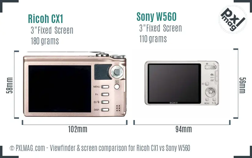 Ricoh CX1 vs Sony W560 Screen and Viewfinder comparison
