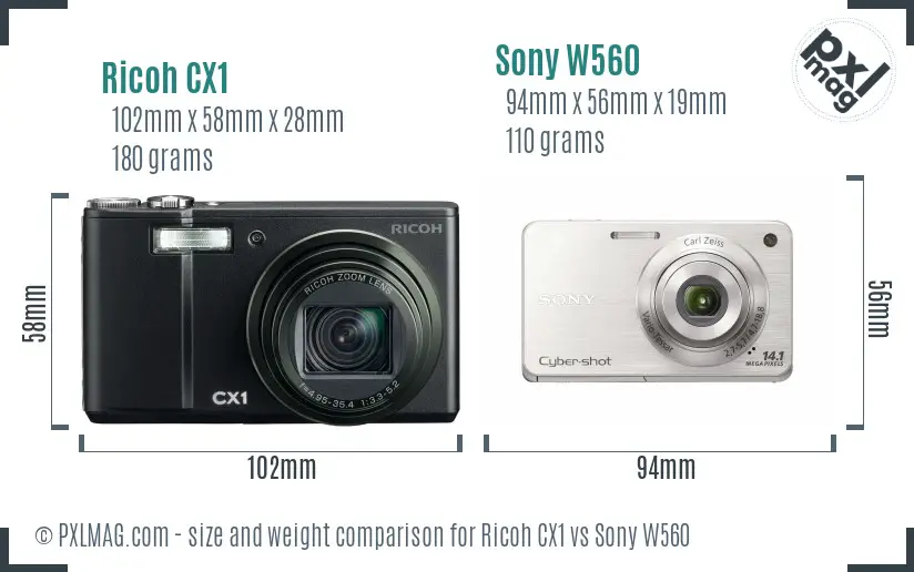 Ricoh CX1 vs Sony W560 size comparison
