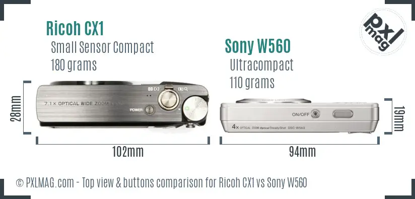 Ricoh CX1 vs Sony W560 top view buttons comparison