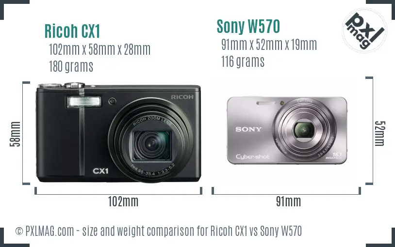 Ricoh CX1 vs Sony W570 size comparison