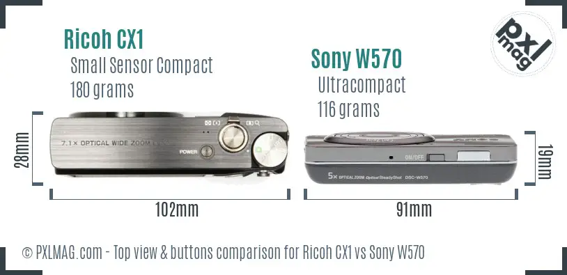 Ricoh CX1 vs Sony W570 top view buttons comparison