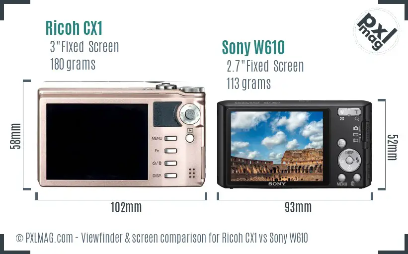 Ricoh CX1 vs Sony W610 Screen and Viewfinder comparison