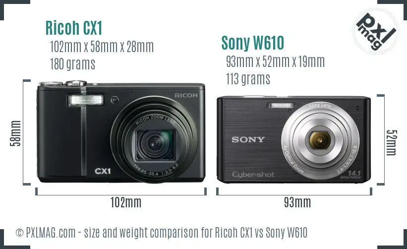 Ricoh CX1 vs Sony W610 size comparison