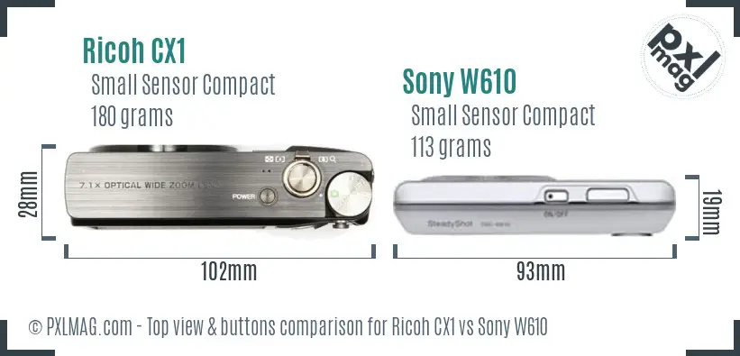 Ricoh CX1 vs Sony W610 top view buttons comparison