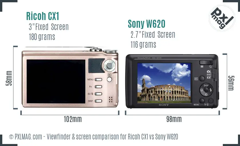 Ricoh CX1 vs Sony W620 Screen and Viewfinder comparison