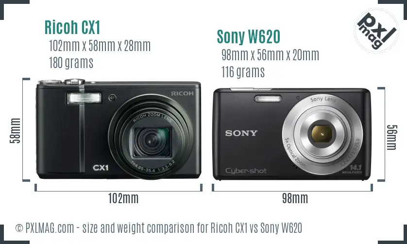 Ricoh CX1 vs Sony W620 size comparison