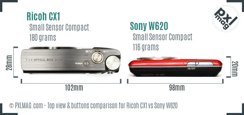 Ricoh CX1 vs Sony W620 top view buttons comparison