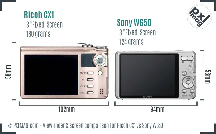 Ricoh CX1 vs Sony W650 Screen and Viewfinder comparison