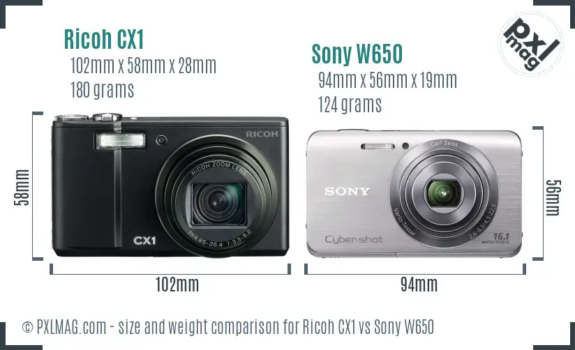 Ricoh CX1 vs Sony W650 size comparison