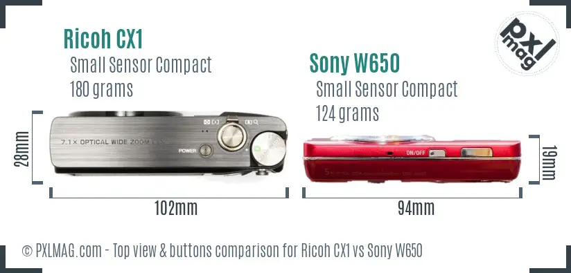 Ricoh CX1 vs Sony W650 top view buttons comparison