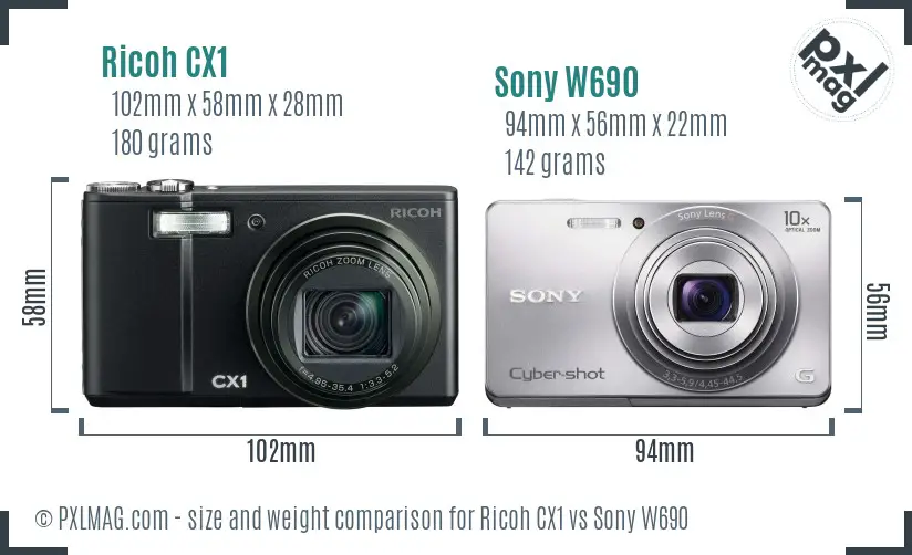 Ricoh CX1 vs Sony W690 size comparison