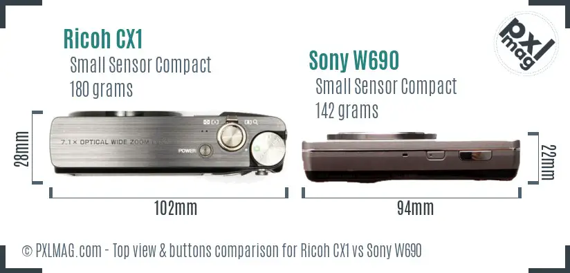 Ricoh CX1 vs Sony W690 top view buttons comparison