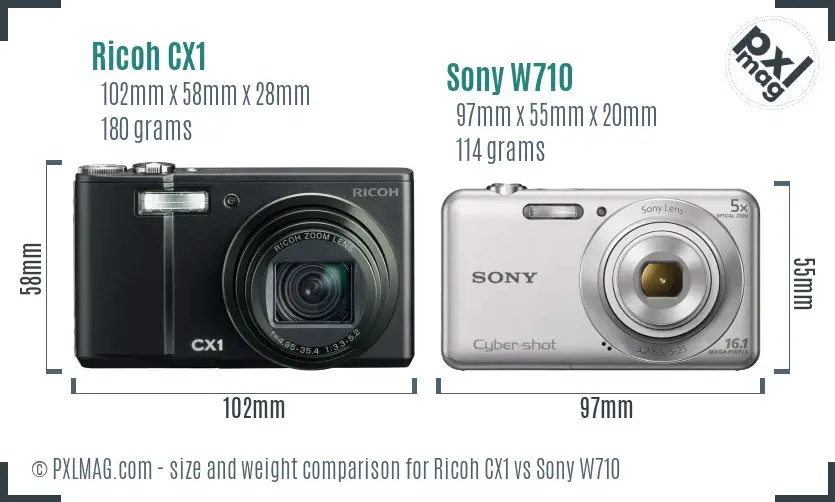 Ricoh CX1 vs Sony W710 size comparison