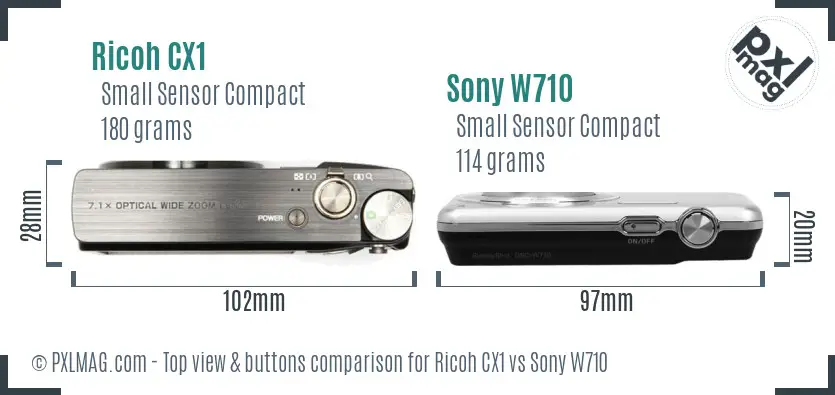 Ricoh CX1 vs Sony W710 top view buttons comparison