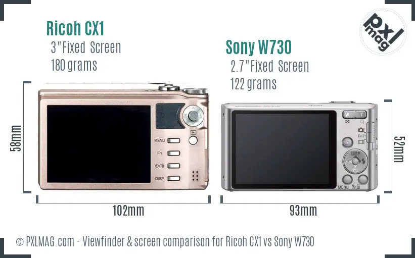 Ricoh CX1 vs Sony W730 Screen and Viewfinder comparison