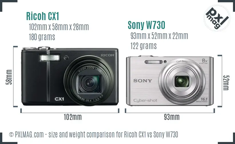 Ricoh CX1 vs Sony W730 size comparison