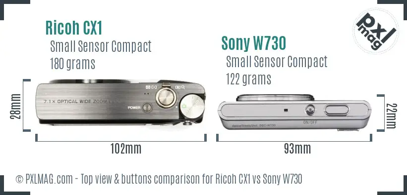 Ricoh CX1 vs Sony W730 top view buttons comparison