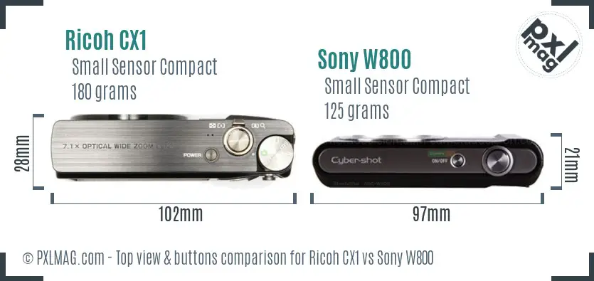 Ricoh CX1 vs Sony W800 top view buttons comparison